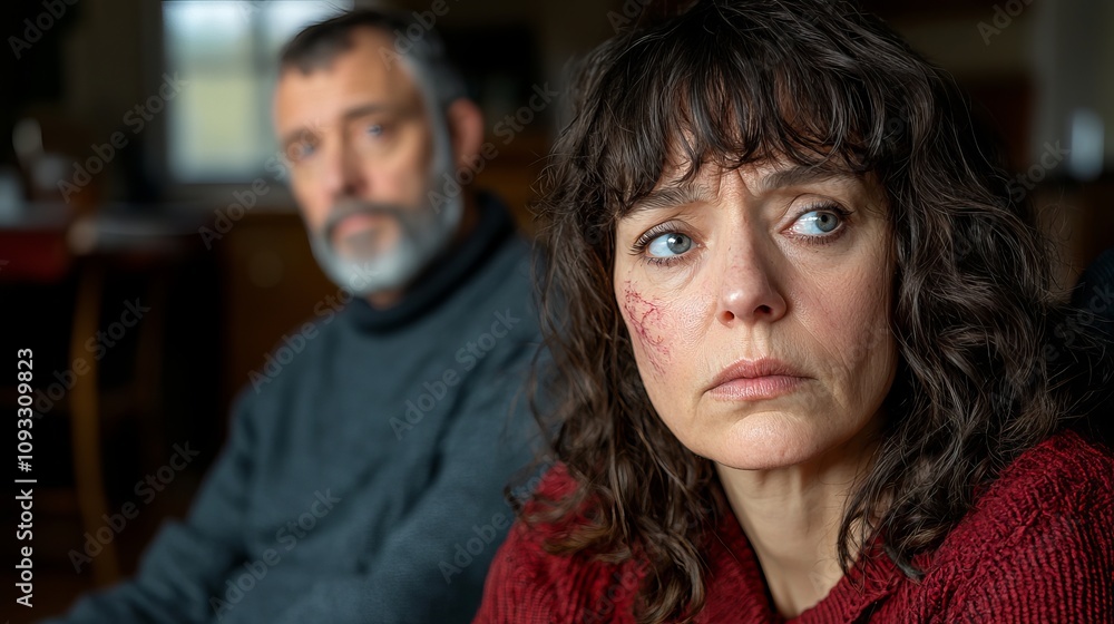 A distressed woman with curly hair and a subtle wound reflects on her troubled past, while a man watches intently. A distressed woman with curly hair and a subtle wound reflects on her troubled past, while a man watches intently.