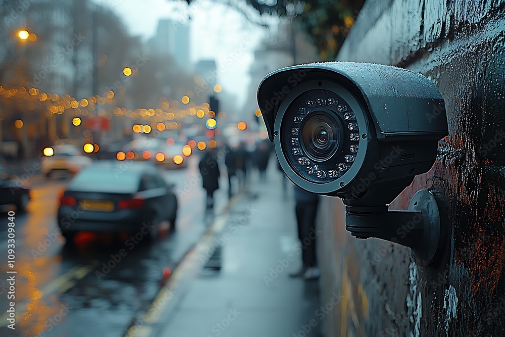 Security camera monitoring a rainy city street at night Security camera monitoring a rainy city street at night