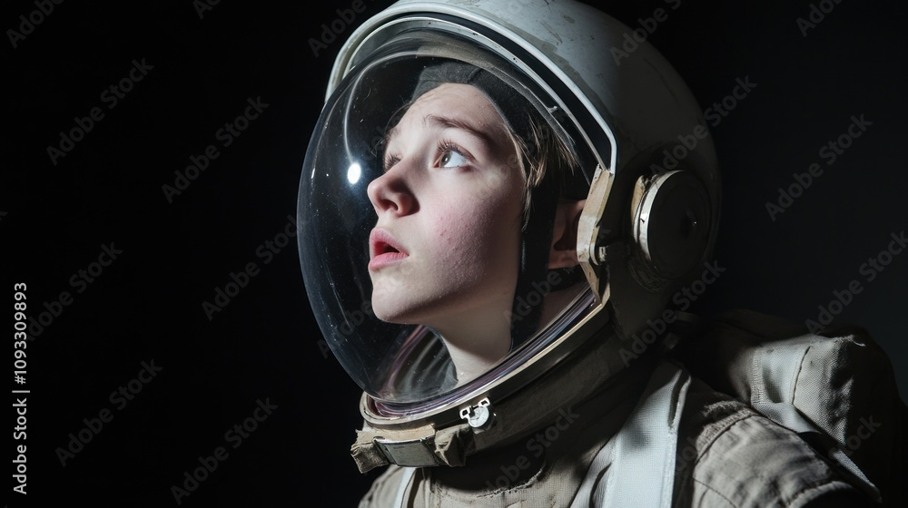 A Young Astronaut Gazes Upward with Wonder in a Darkened Space Environment, Capturing the Essence of Exploration and Discovery in the Universe A Young Astronaut Gazes Upward with Wonder in a Darkened Space Environment, Capturing the Essence of Exploration and Discovery in the Universe
