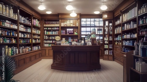 Classic apothecary shop interior with wooden shelves stocked wit