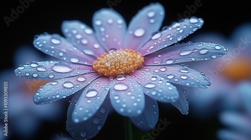 A close-up of a daisy covered in water droplets, showcasing its delicate beauty.