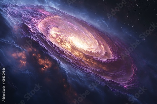 A spiral galaxy with a bright center and swirling arms of stars and gas. photo