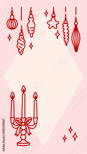 Vintage frame with candles in beautiful candlestick decorated with coquette bow, Christmas tree decorations, stars. Holiday border for greeting cards, invitations, stories template, social media