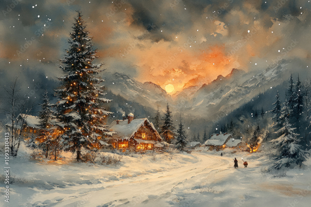 Fototapeta premium Winter village in the mountains at sunset. 