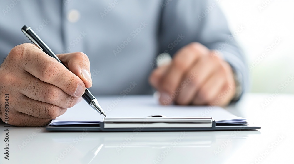 Close-up of a Man's Hand Filling Out a Form on a Clipboard Close-up of a Man's Hand Filling Out a Form on a Clipboard