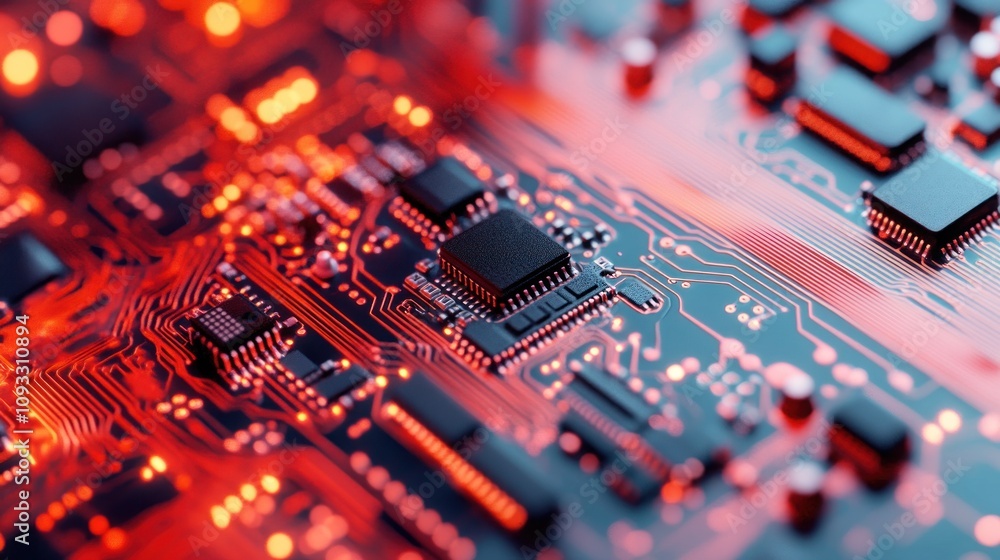 Close-up of red illuminated circuit board with microchips and electronic components. Close-up of red illuminated circuit board with microchips and electronic components.