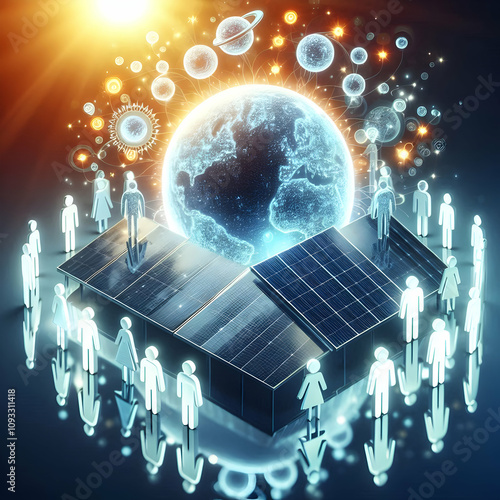 Glossy community solar transition concept as A group of people represented in abstract glowing forms around a glossy solar panel setup symbolizing community driven clean energy. in Photo Stock Conce