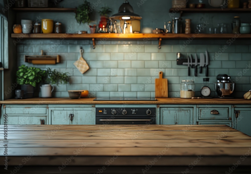 Cozy Kitchen Interior with Wooden Table, Greenish Blue Tiles, and Warm Lighting Showcasing a Homely Atmosphere Ideal for Cooking and Dining Cozy Kitchen Interior with Wooden Table, Greenish Blue Tiles, and Warm Lighting Showcasing a Homely Atmosphere Ideal for Cooking and Dining