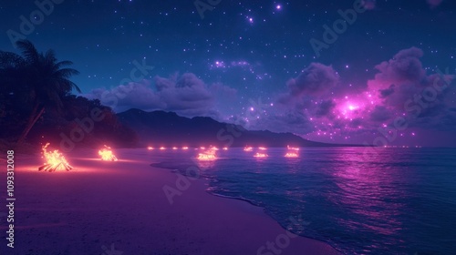 Magical night beach scene with bonfire, palm trees, stars and glowing ocean.