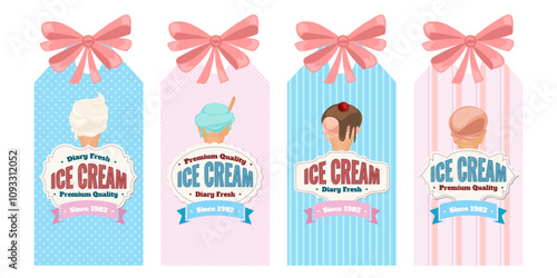 Ice cream banners set. Sweet dessert retro brand tags with text and pink bows. Flat vintage Vector illustration collection. photo