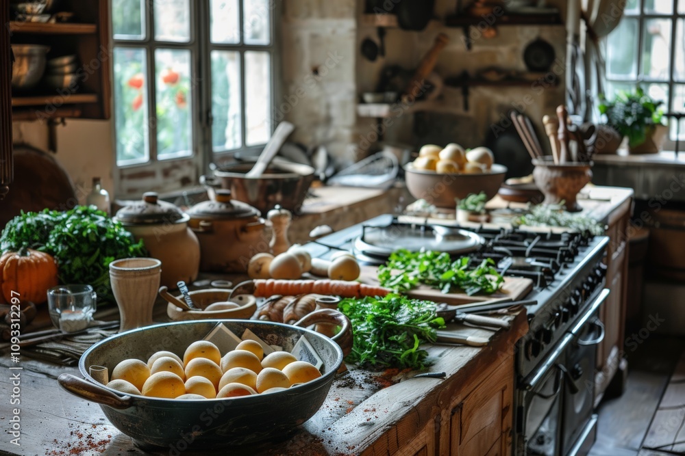 Rustic kitchen with wooden countertop showcasing ingredients for traditional French cuisine, including fresh herbs, carrots, potatoes, and bread, creating a warm and inviting cooking atmosphere. Rustic kitchen with wooden countertop showcasing ingredients for traditional French cuisine, including fresh herbs, carrots, potatoes, and bread, creating a warm and inviting cooking atmosphere.
