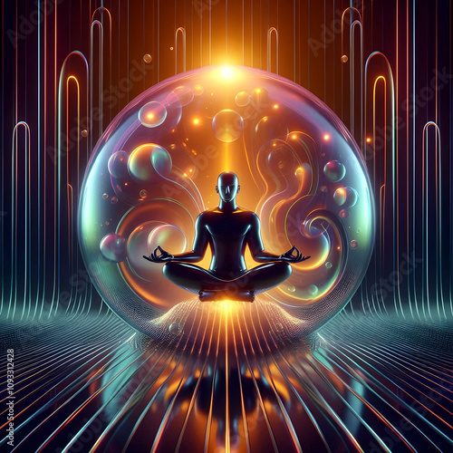 Glossy meditation bubble concept as A single figure meditating inside a glowing glossy bubble surrounded by neon abstract shapes that symbolize protection and calm. in  Photo Stock  Concept 