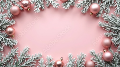 Festive Christmas ornaments and pine branches framing a soft pink background. Christmas, new year, holiday themes photo