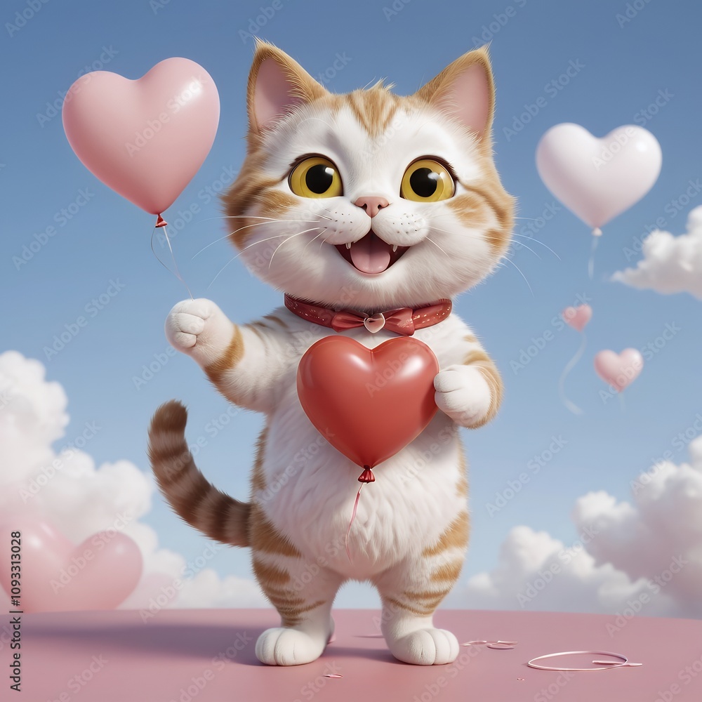 Adorable Kitten Holding Heart-Shaped Balloons on a Cloudless Day: A Valentine's Day Delight Adorable Kitten Holding Heart-Shaped Balloons on a Cloudless Day: A Valentine's Day Delight