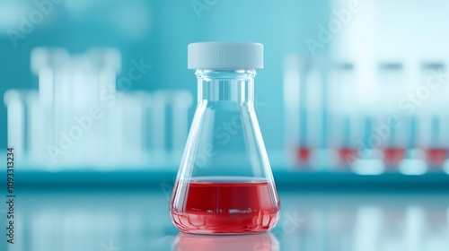 A close-up of a laboratory flask filled with red liquid, symbolizing scientific research and innovation in a modern lab environment.