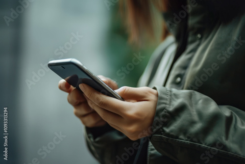 a woman using a smartphone. She is wearing a green jacket and has long brown hair. The background is blurred.