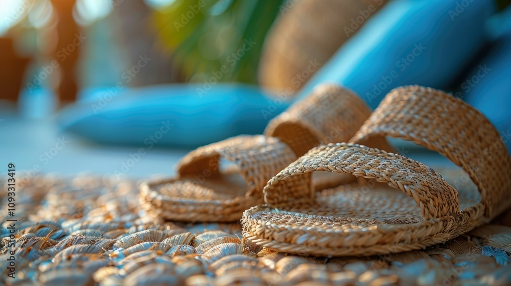 A close-up of woven sandals on a textured mat with soft cushions in the background. A close-up of woven sandals on a textured mat with soft cushions in the background.