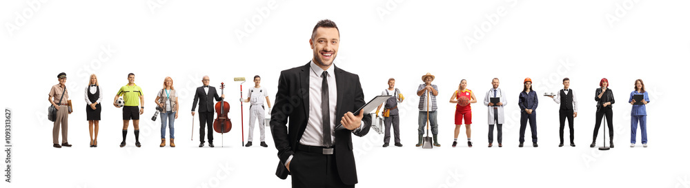 Recruiter holding a clipboard in front of people with different professions Recruiter holding a clipboard in front of people with different professions