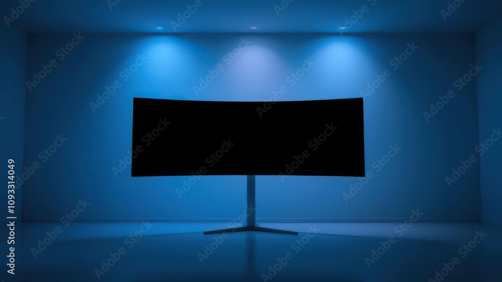 An isolated curved screen monitor in a dimly lit room with soft blue lighting and subtle shadows, Subtle Shadows, Soft Blue Lighting, Curved Screen Monitor An isolated curved screen monitor in a dimly lit room with soft blue lighting and subtle shadows, Subtle Shadows, Soft Blue Lighting, Curved Screen Monitor