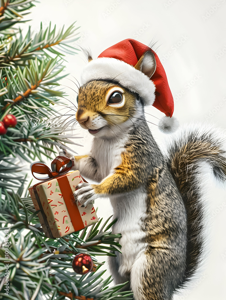 Festive winter scene with a squirrel, snowflakes, Christmas decorations, and a holiday gift. Festive winter scene with a squirrel, snowflakes, Christmas decorations, and a holiday gift.