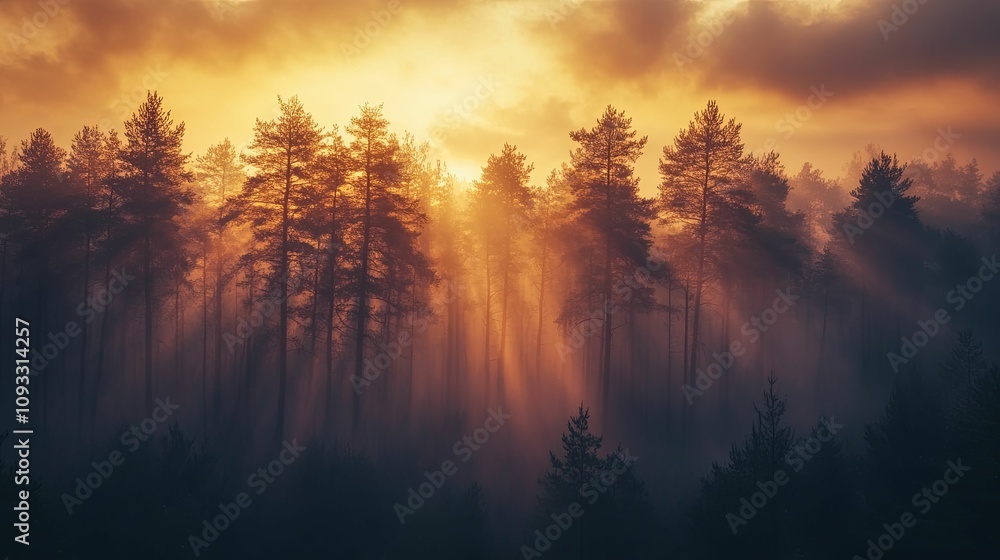 Golden Sunrise Illuminates Misty Pine Forest Golden Sunrise Illuminates Misty Pine Forest