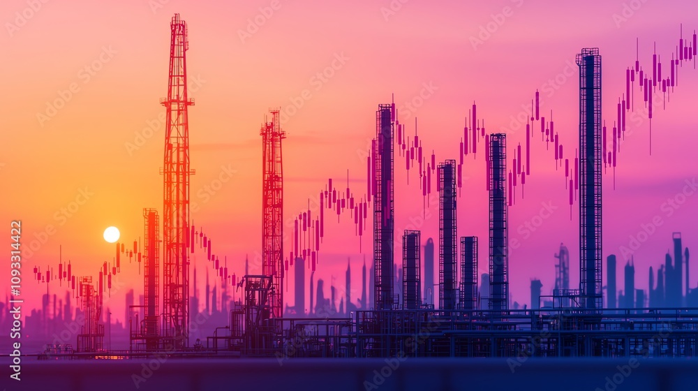 Fototapeta premium A dramatic sunset illuminates the skyline of industrial structures, highlighting the synergy between nature and technology.