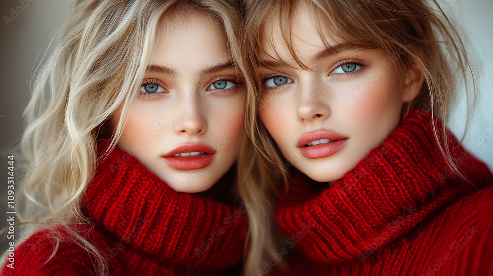 Two women, festive makeup, Merry Christmas and Happy New Year, banner with copy space, LGBTQ, lesbian Two women, festive makeup, Merry Christmas and Happy New Year, banner with copy space, LGBTQ, lesbian