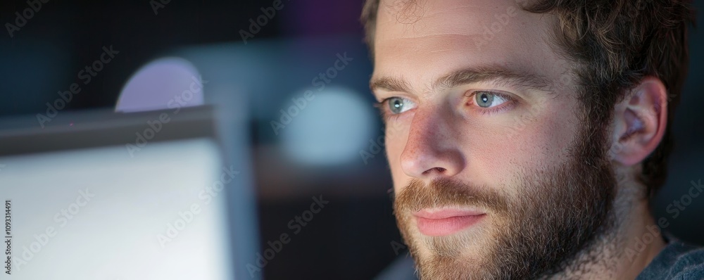 A focused man with a beard gazes intently at a computer screen, illuminated by soft blue light in a dimly lit environment. A focused man with a beard gazes intently at a computer screen, illuminated by soft blue light in a dimly lit environment.