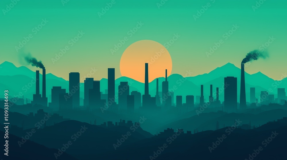 A dramatic skyline showcasing industrial pollution with smokestacks and a vibrant sunset over the mountains. A dramatic skyline showcasing industrial pollution with smokestacks and a vibrant sunset over the mountains.