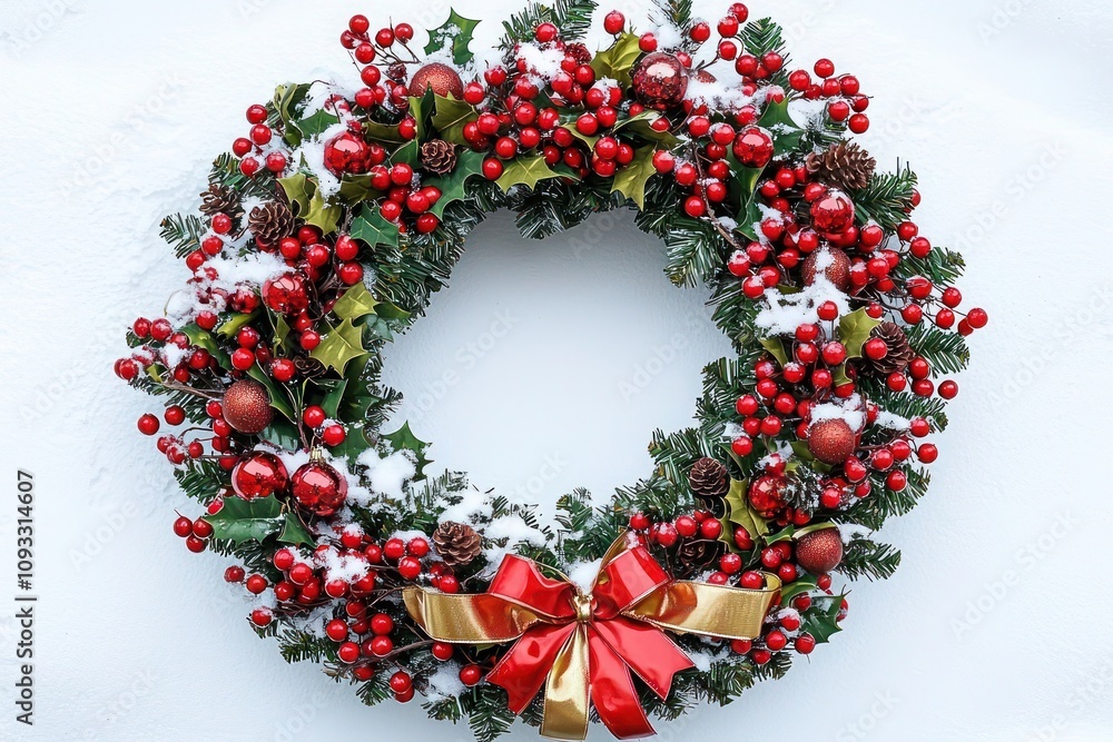 Enormous red and green Christmas wreath against a snowy white background, adorned with shiny red berries and gold ribbon. Classic holiday design with oversized festive elements. Enormous red and green Christmas wreath against a snowy white background, adorned with shiny red berries and gold ribbon. Classic holiday design with oversized festive elements.