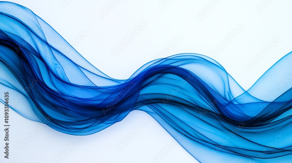 A flowing wave of translucent blue fabric creating a serene and calming visual effect on a white background. A flowing wave of translucent blue fabric creating a serene and calming visual effect on a white background.