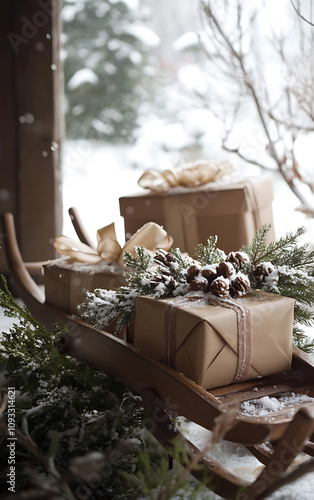 A rustic holiday scene withwooden sled, wrapped gifts, andsnowy backdrop,copyspace photo