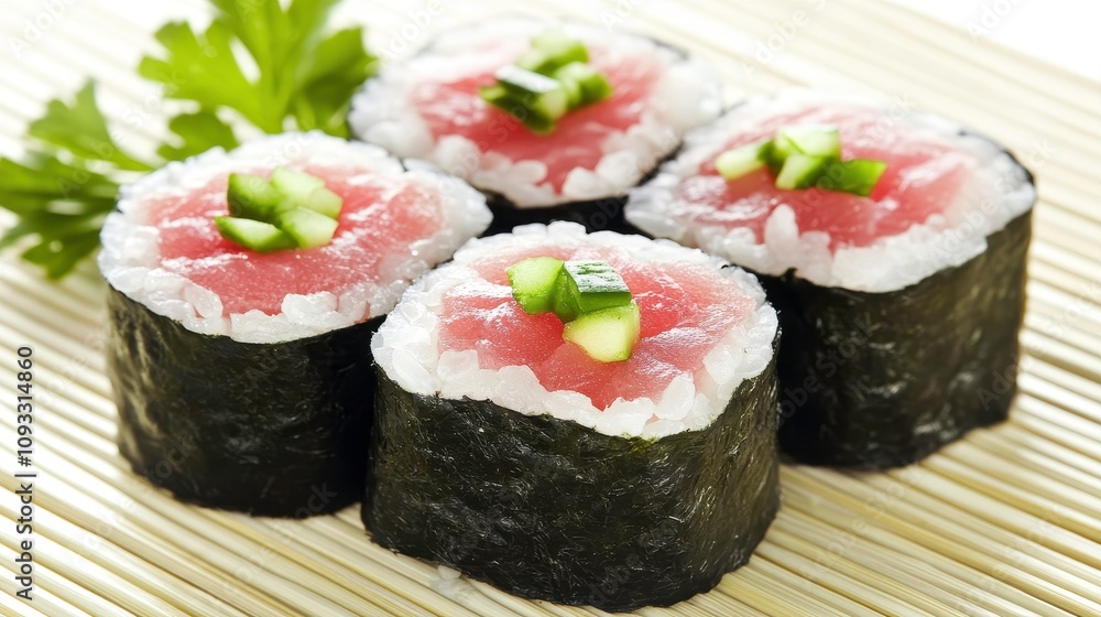 Fresh and Colorful Sushi Rolls Plated on a Bamboo Mat with Vibrant Ingredients and Eye-Catching Presentation for Culinary Arts and Healthy Eating Concepts Fresh and Colorful Sushi Rolls Plated on a Bamboo Mat with Vibrant Ingredients and Eye-Catching Presentation for Culinary Arts and Healthy Eating Concepts