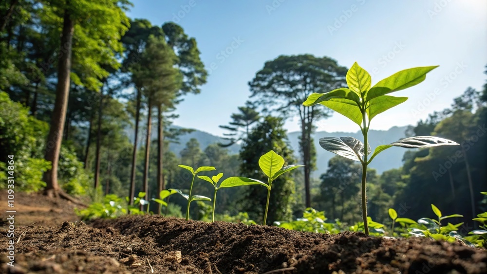 A group of coffee seedlings emerging from the ground in a lush green forest surrounded by tall trees and vibrant foliage, forest, plant life A group of coffee seedlings emerging from the ground in a lush green forest surrounded by tall trees and vibrant foliage, forest, plant life