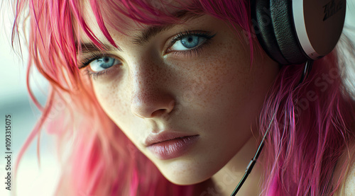 Portrait of a beautiful girl with pink hair and headphones, detailed skin texture, blue eyes, looking at the camera, natural lighting comes from window photo