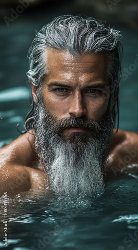 A handsome, muscular man with a long beard and grey hair is in the water, looking at the camera