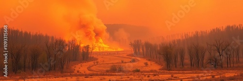 A sea of orange and red hues dominate the landscape as a massive wildfire sweeps through a dry forest, smoke filled air, charred remains photo