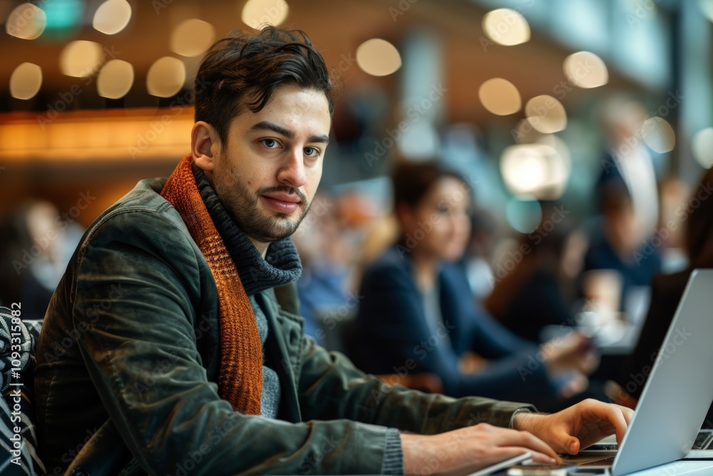 Focused young professional working in a vibrant and collaborative workspace, surrounded by blurred background elements, showcasing modern creativity and concentration. Focused young professional working in a vibrant and collaborative workspace, surrounded by blurred background elements, showcasing modern creativity and concentration.