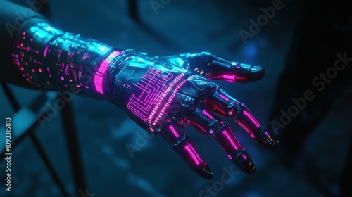 Futuristic Robotic Hand Glows Neon Pink and Blue