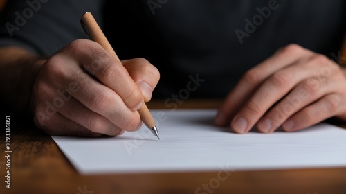 A close-up of a person's hands holding a pencil, poised over a blank sheet of paper on a wooden surface, suggesting creativity or contemplation.