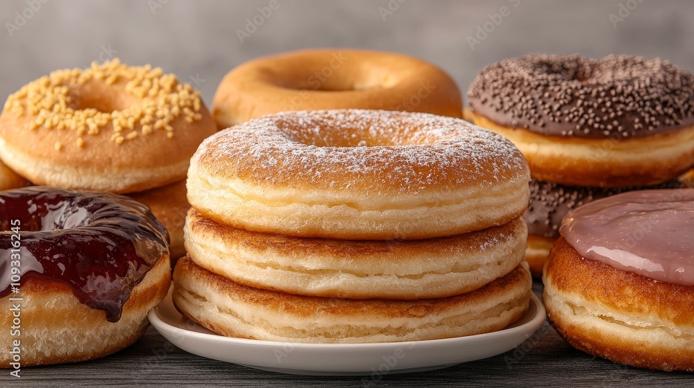 Assorted delicious donuts with various toppings, stacked on a plate. Assorted delicious donuts with various toppings, stacked on a plate.