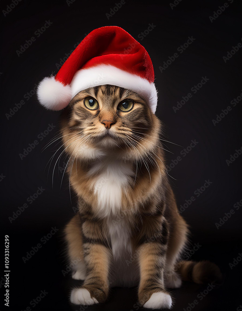 Gatita sentada con un gorro de Papá Noel en navidad Gatita sentada con un gorro de Papá Noel en navidad