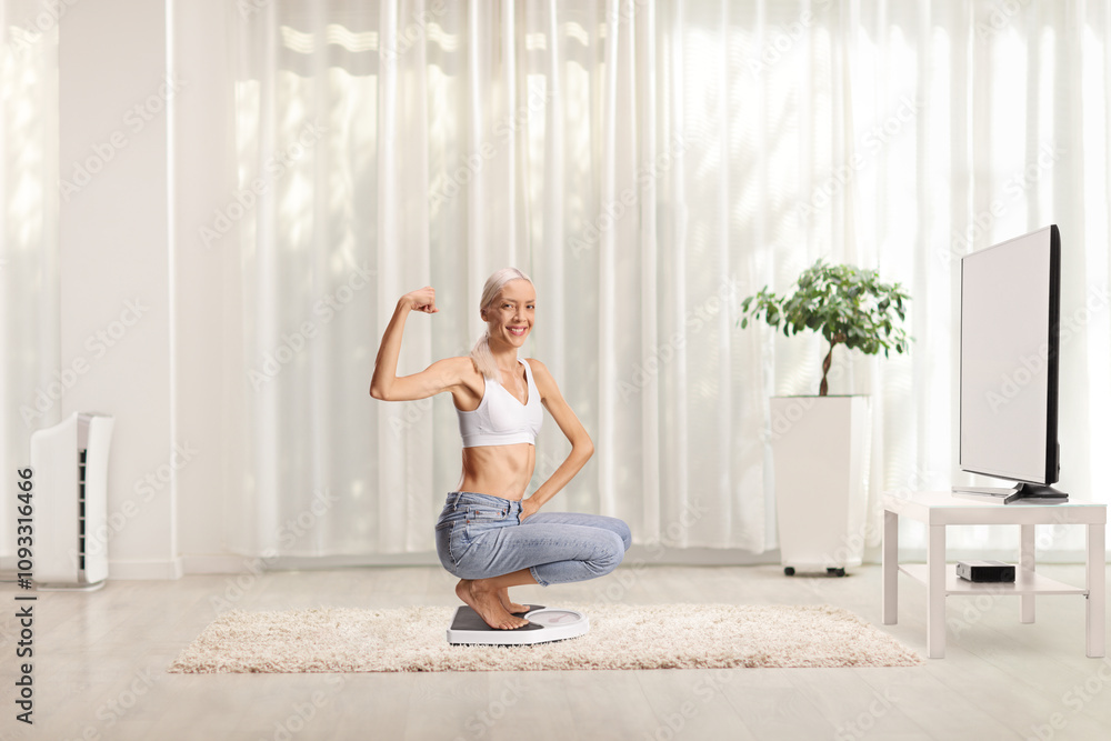 Happy young woman flexing muscle on a weight scale in a room Happy young woman flexing muscle on a weight scale in a room