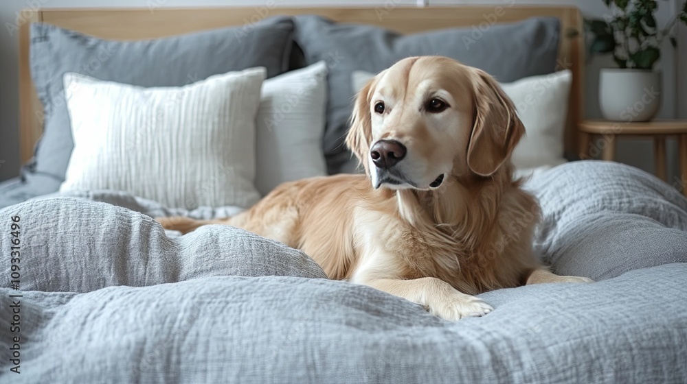 Golden Retriever Relaxing On A Gray Bed Golden Retriever Relaxing On A Gray Bed