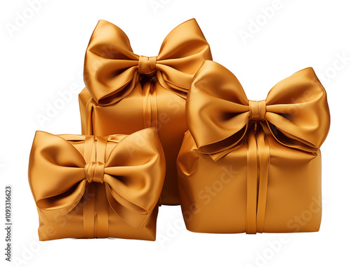 Three Elegant and Classic Wrapped Presents  in Dark Gold Silk, White Background for Holiday and All Occasion Designs and Artistry. photo