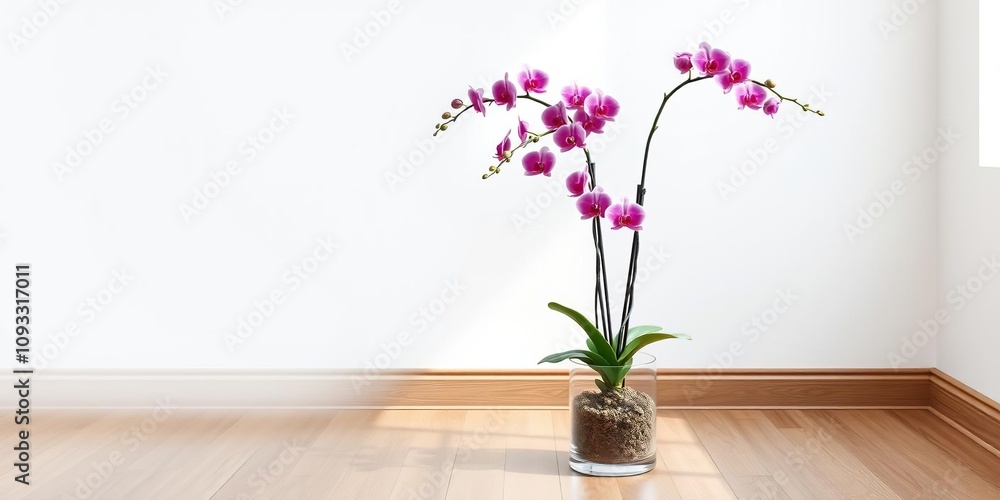 a single large exotic orchid plant standing tall in a large glass container on the floor, garden decor, botanical gardens a single large exotic orchid plant standing tall in a large glass container on the floor, garden decor, botanical gardens