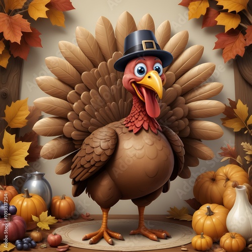 A Delightful Thanksgiving Turkey: A 3D Rendered Illustration of a Festive Bird Wearing a Pilgrim Hat, Surrounded by Autumn Leaves and Pumpkins photo