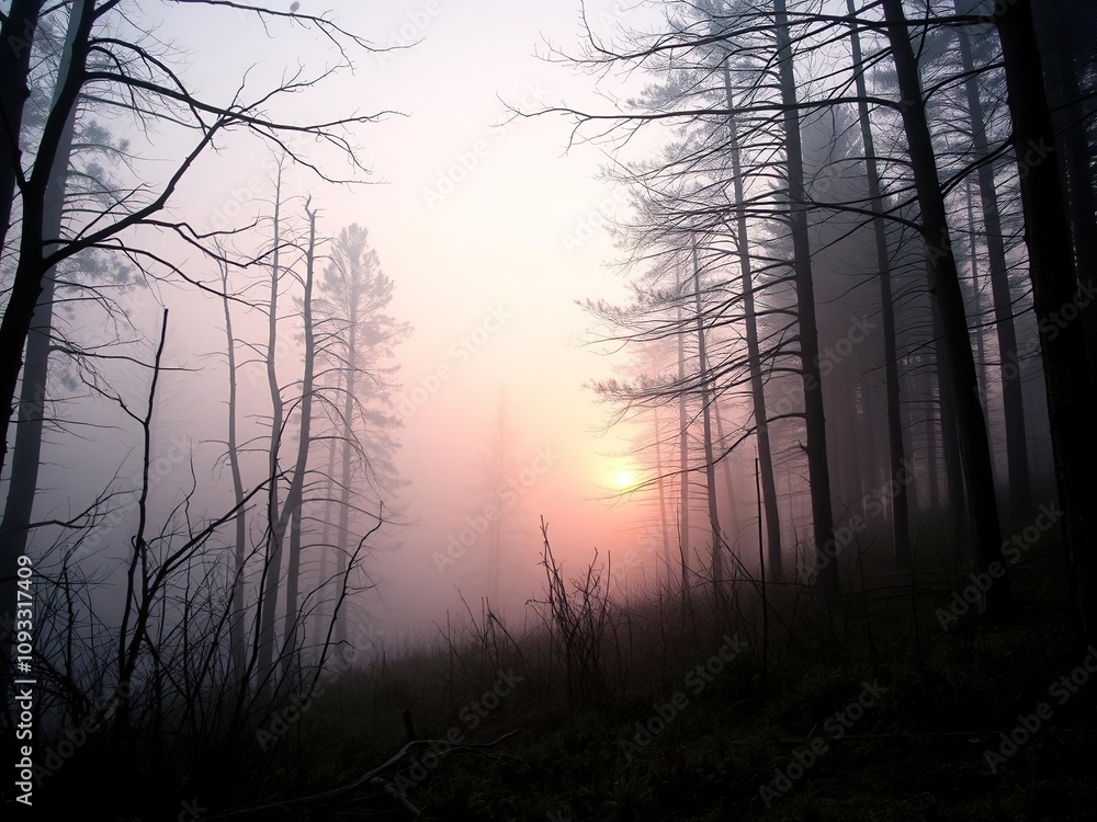 A misty dawn in a forest with dead trees and undergrowth, undergrowth, morning, scenery A misty dawn in a forest with dead trees and undergrowth, undergrowth, morning, scenery