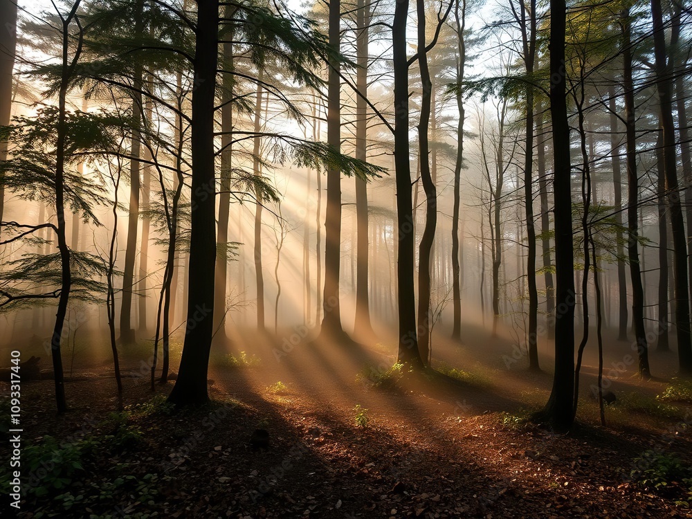 A misty forest floor shrouded in soft morning light, forest scenery, misty atmosphere, early morning A misty forest floor shrouded in soft morning light, forest scenery, misty atmosphere, early morning