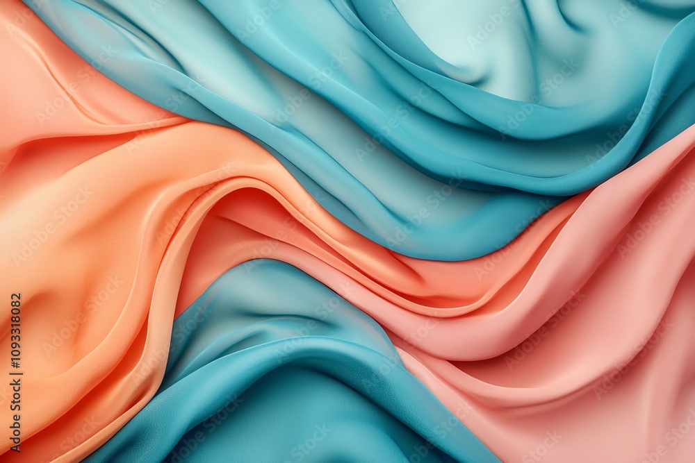 Fototapeta premium A vibrant blend of flowing silk fabric in shades of blue and peach, creating a soft, elegant texture for artistic designs.